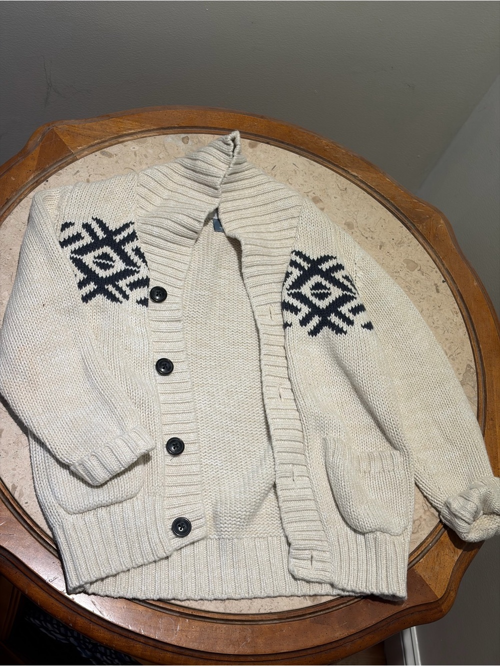 Cream Shawl Collar Knit Cardigan Sweater with Black Pattern